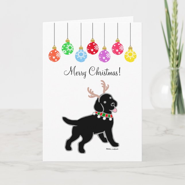 Cartão De Festividades Black Labrador Christmas Antlers and Ornaments (Frente)