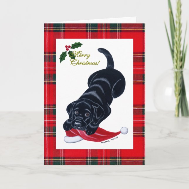 Cartão De Festividades Black Labrador Puppy e Papai Noel no Natal (Frente)