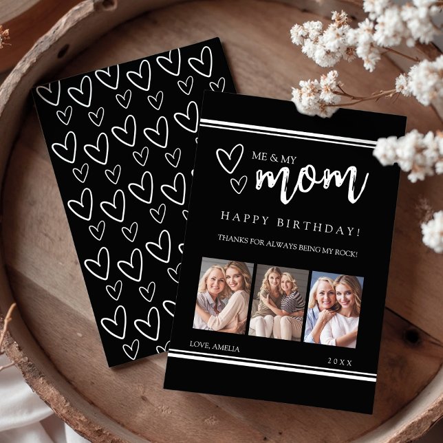 Cartão De Festividades Black Modern Happy Birthday Mom Photo Collage Card (Black Modern Happy Birthday Mom Photo Collage Card)