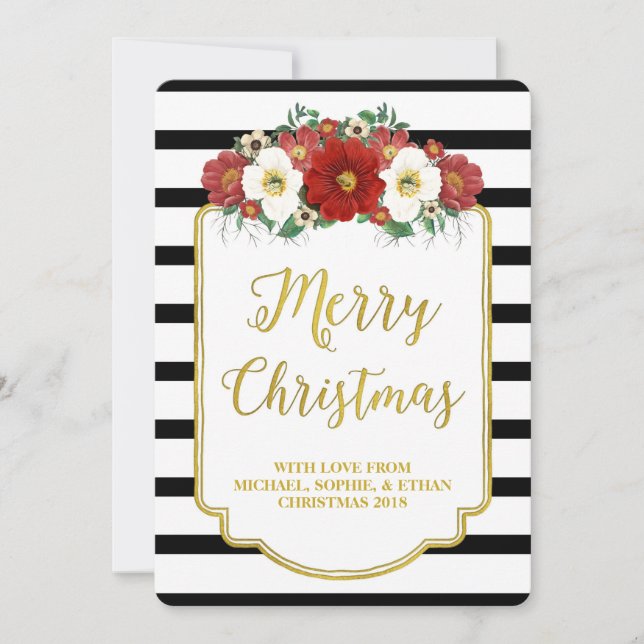 Cartão De Festividades Black Stripes Red Flowers Merry Christmas Card (Frente)