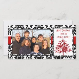 Cartão De Festividades Black & White Damask With Red Tree Merry Christmas