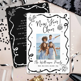 Cartão De Festividades Black White New Year Cheer Photo Hand Drawn Doodle