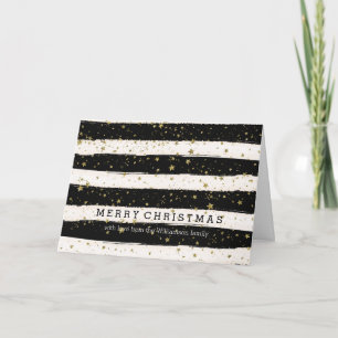 Cartão De Festividades Black White Watercolor Stripes Gold Glitter Stars