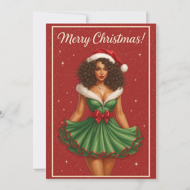 Cartão De Festividades Black Woman Curly-Haired Santa Beauty (Frente)