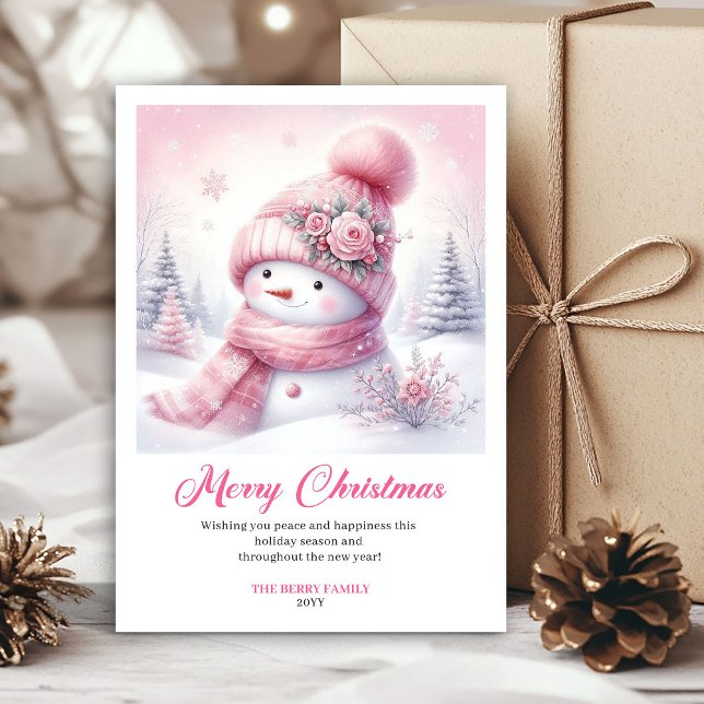 Cartão De Festividades Blissful pink snowman kids card editable download (Blissful pink snowman kids card editable download)