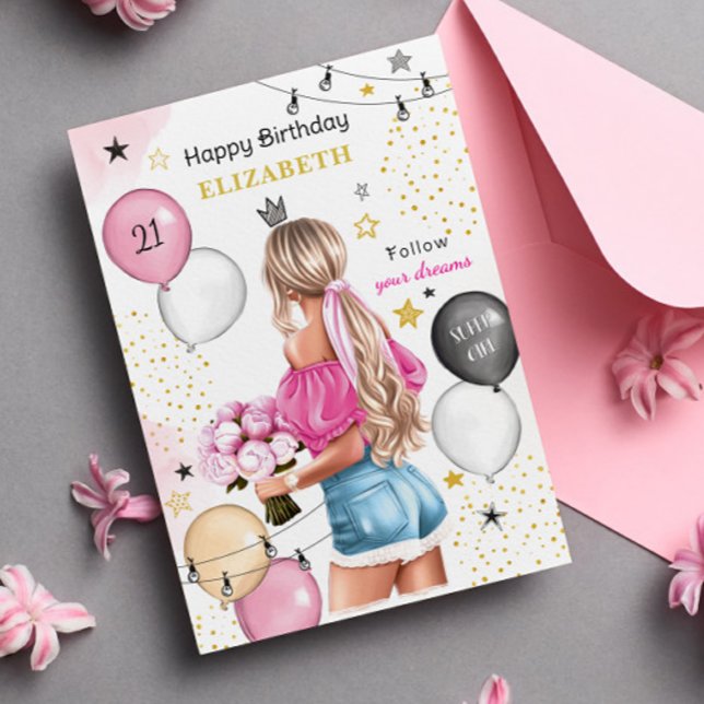 Cartão De Festividades Blona Menina Rosa Balões Dourados Feliz Aniversári (Criador carregado)