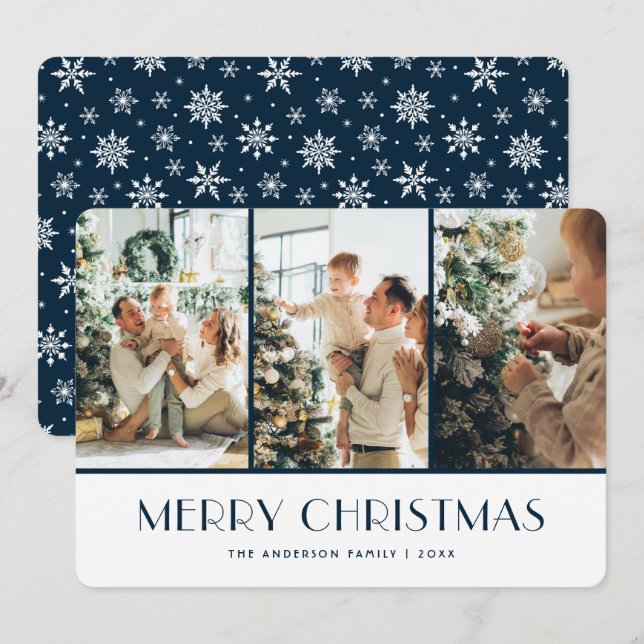 Cartão De Festividades Blue  and White Snowflakes Photo Christmas Card (Frente/Verso)