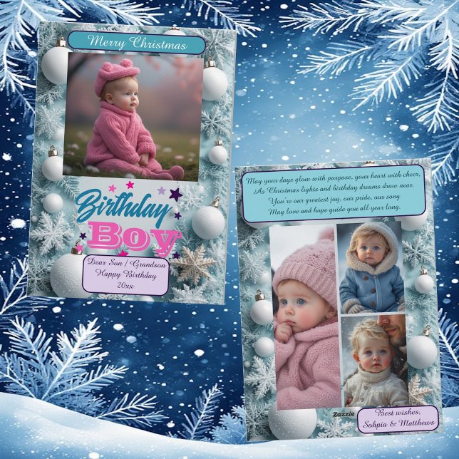 Cartão De Festividades Blue Birthday Boy White Christmas Snowflakes Photo (Blue Birthday Boy White Christmas Snowflakes Photo Holiday Card)