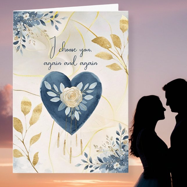 Cartão De Festividades Blue Botanical Heart with Gold Script Accents (Criador carregado)