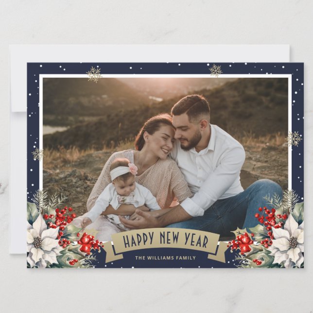 Cartão De Festividades Blue Botanical Snowflake Photo Happy New Year (Frente)
