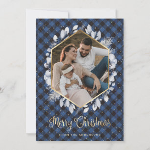 Cartão De Festividades Blue Botanicals Foto de Xadrez Dourada Natal