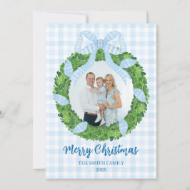 Cartão De Festividades Blue Bow Wreath Christmas Photo Holiday Card