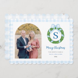 Cartão De Festividades Blue Bow Wreath Christmas Photo Holiday Card