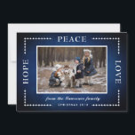 Cartão De Festividades Blue Chalkboard Hope Peace Love Foto de Natal<br><div class="desc">Este cartão de boas-vindas de Natal apresenta o texto do Amor pela Paz Esperança. Personalize este cartão adicionando sua própria foto e nome. Este design faz parte de uma coleção que inclui outros itens correspondentes. Visite a página de coleta em nossa loja para ver o intervalo de cheios.</div>