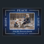 Cartão De Festividades Blue Chalkboard Hope Peace Love Foto de Natal<br><div class="desc">Este cartão de boas-vindas de Natal apresenta o texto do Amor pela Paz Esperança. Personalize este cartão adicionando sua própria foto e nome. Este design faz parte de uma coleção que inclui outros itens correspondentes. Visite a página de coleta em nossa loja para ver o intervalo de cheios.</div>