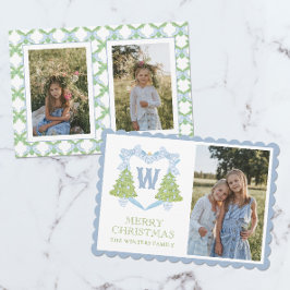 Cartão De Festividades Blue Chinoiserie Árvore Natal Monograma Crest