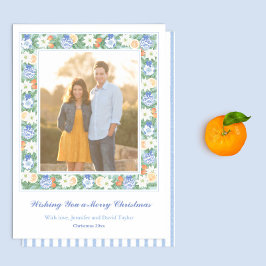 Cartão De Festividades Blue Chinoiserie Chic Citrus Merry Photo de Natal