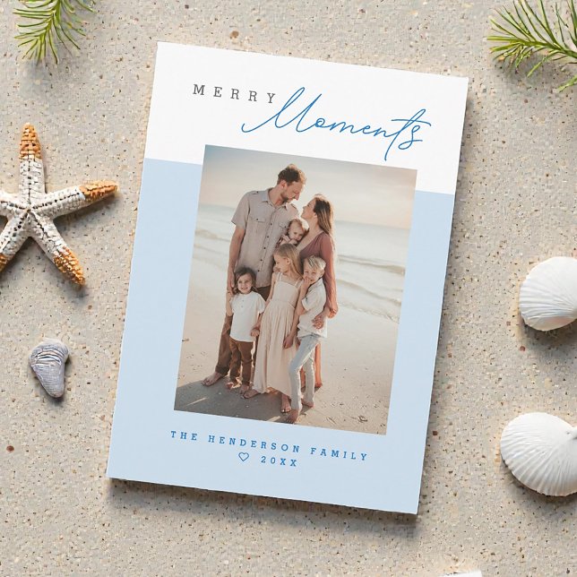 Cartão De Festividades Blue Coastal Merry Moments Family Photo Christmas (Merry Moments blue beach family vacation Holiday Christmas cards.)