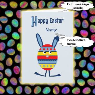 Cartão De Festividades Blue custom name Easter egg bunny