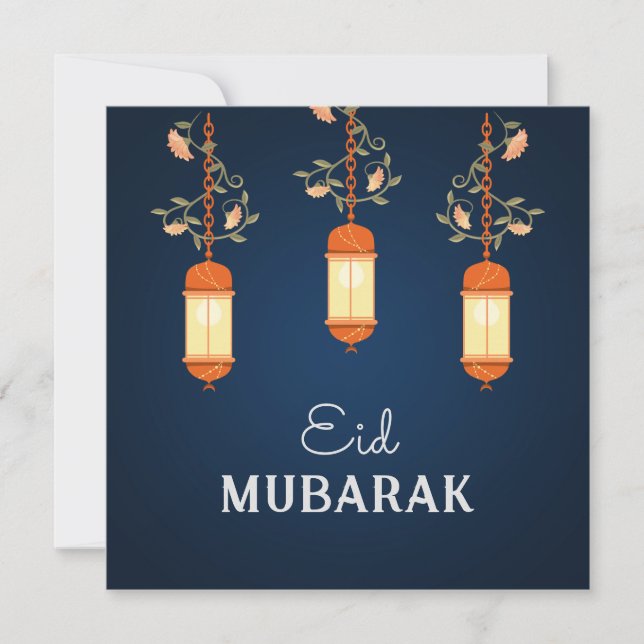 Cartão De Festividades Blue Eid Mubarak Floral Lanterna Islâmica (Frente)