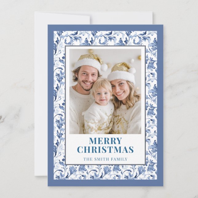 Cartão De Festividades Blue Floral Toile Christmas Photo Holiday Card (Frente)