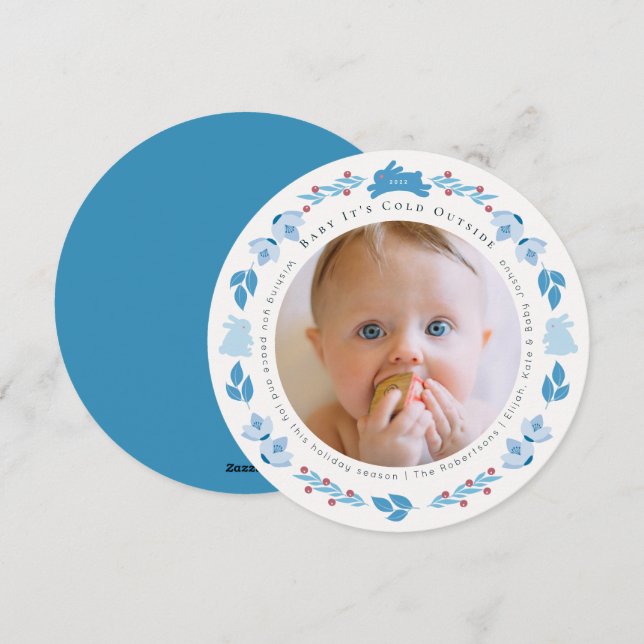 Cartão De Festividades Blue Folk Art Baby É Frio Fora da Foto (Frente/Verso)