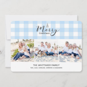 Cartão De Festividades Blue Gingham 3-Photo Christmas Card