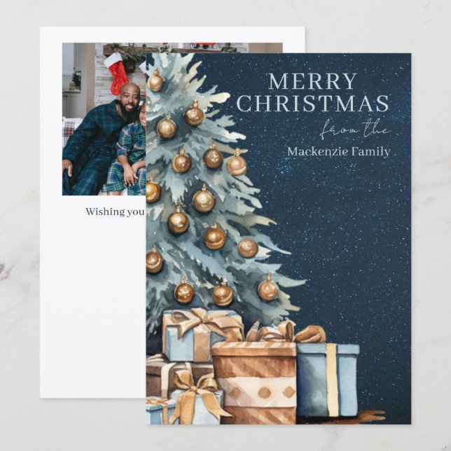 Cartão De Festividades Blue Gold Green Christmas Tree Photo Personalized (Frente/Verso)