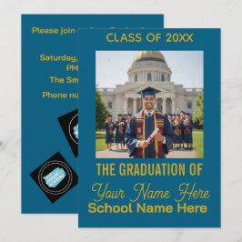Cartão De Festividades Blue Gold Modern Photo Class Graduation Invitation
