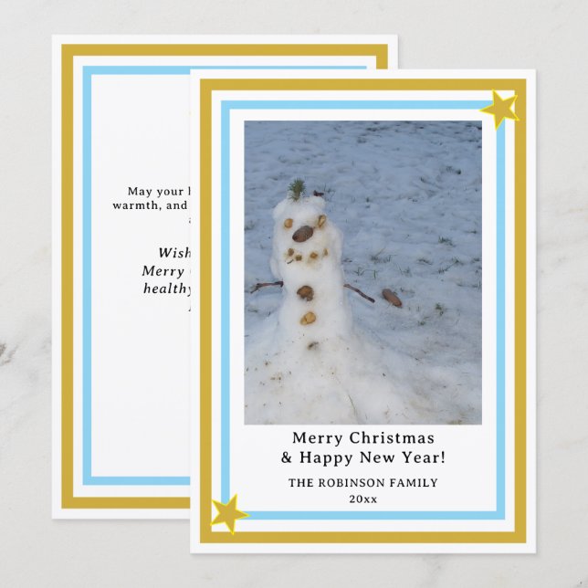 Cartão De Festividades Blue Gold Stars Little Snowman INSERT PHOTO (Frente/Verso)