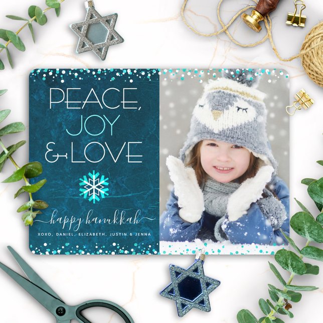 Cartão De Festividades Blue Hanukkah Peace Joy Love Cote Foto Snowflake (Criador carregado)
