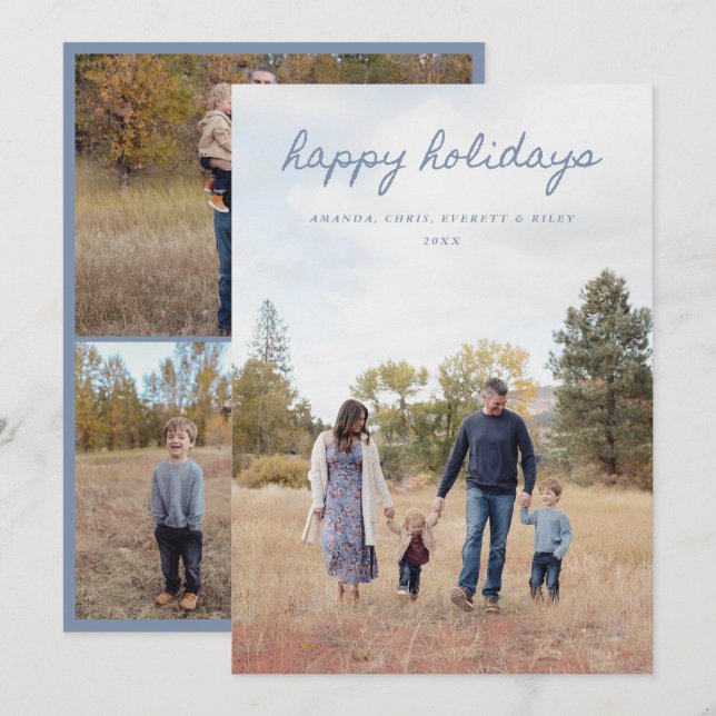 Cartão De Festividades Blue Happy Holidays Card 4 Family Photos (Frente/Verso)
