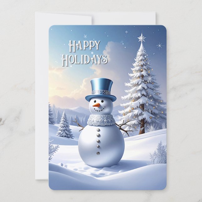 Cartão De Festividades Blue Hat Snowman Christmas Tree Holiday Card (Frente)