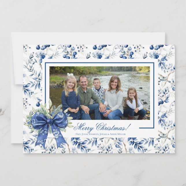 Cartão De Festividades Blue Holly Toile Christmas Photo Card (Frente)