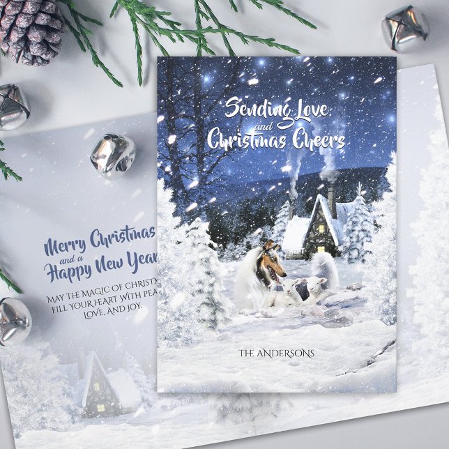 Cartão De Festividades Blue Merle Collie & Lambs na Noite de Natal Branco (Criador carregado)