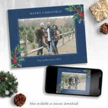 Blue Merry Christmas Vintage Holly Berries Foto