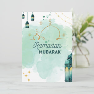 Cartão De Festividades Blue Minimalist Watercolor Ramadan Mubarak