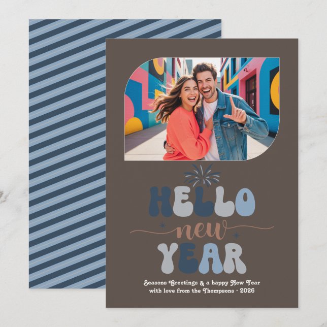 Cartão De Festividades Blue Mocha Hello New Year Blue Retro Photo (Frente/Verso)