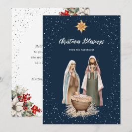 Cartão De Festividades Blue Nativity Botanical Christian Christmas Card