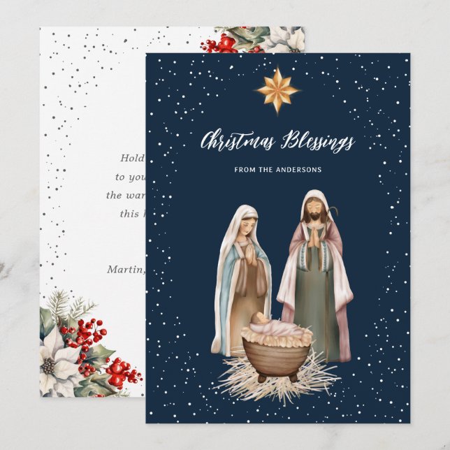 Cartão De Festividades Blue Nativity Botanical Christian Christmas Card (Frente/Verso)
