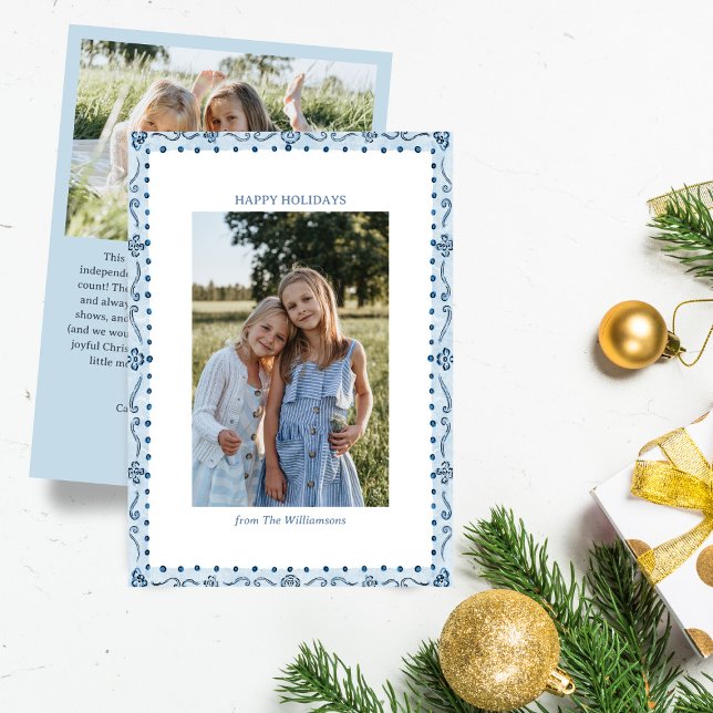 Cartão De Festividades Blue Painted Folk Floral Border Christmas Photo (Criador carregado)