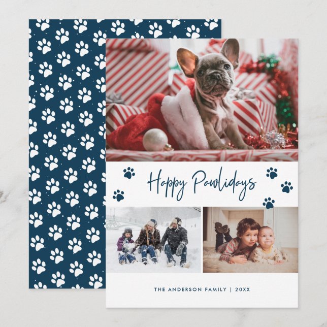 Cartão De Festividades Blue Paw Print 3 Photo Collage Happy Pawlidays Pet (Frente/Verso)