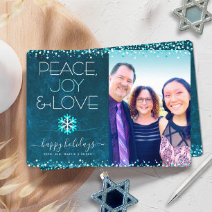 Cartão De Festividades Blue Photo Peace Joy Love Script Snowflake Modern