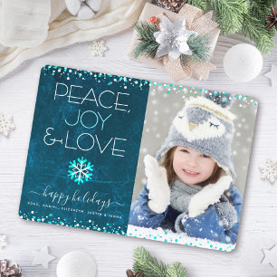 Cartão De Festividades Blue Photo Peace Joy Love Snowflake Custom Modern
