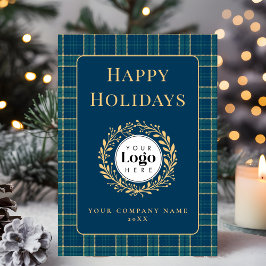 Cartão De Festividades Blue Plaid Business Logo Holiday Thank You Card