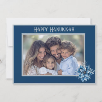 Cartão De Festividades Blue Poinsettia Photo Flat Holiday Card