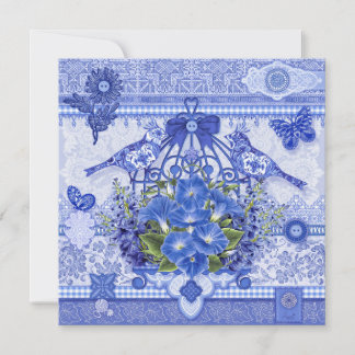 Cartão De Festividades Blue Porcelain Birds and Birdcage Card