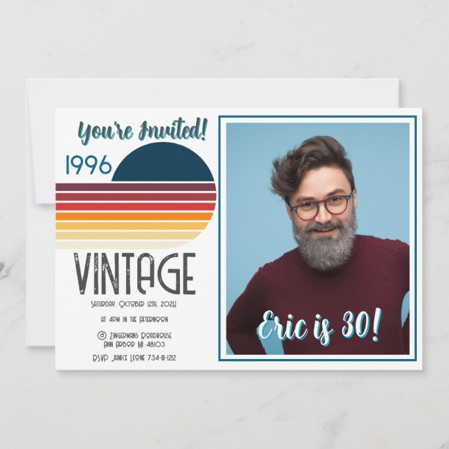 Cartão De Festividades Blue Retro Sun 1996 Photo 30th Birthday Stripe  (Frente)