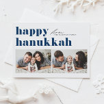 Cartão De Festividades Blue Retro Typografia Happy Hanukkah Foto Dois<br><div class="desc">Feliz Hanukkah! Mande suas saudações a Hanukkah para a família e amigos com este cartão de foto personalizável Hanukkah. Apresenta tipografia retrógrada. Personalize adicionando seus detalhes. Esta placa de Hanukkah personalizada está disponível em outras cores e estoque de papelão. Itens correspondentes estão disponíveis.</div>
