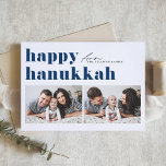 Cartão De Festividades Blue Retro Typografia Happy Hanukkah Foto Dois<br><div class="desc">Feliz Hanukkah! Mande suas saudações a Hanukkah para a família e amigos com este cartão de foto personalizável Hanukkah. Apresenta tipografia retrógrada. Personalize adicionando seus detalhes. Esta placa de Hanukkah personalizada está disponível em outras cores e estoque de papelão. Itens correspondentes estão disponíveis.</div>